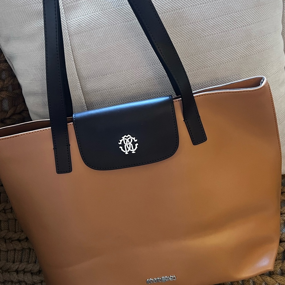 Roberto cavalli Tan and Black Leather Tote Bag